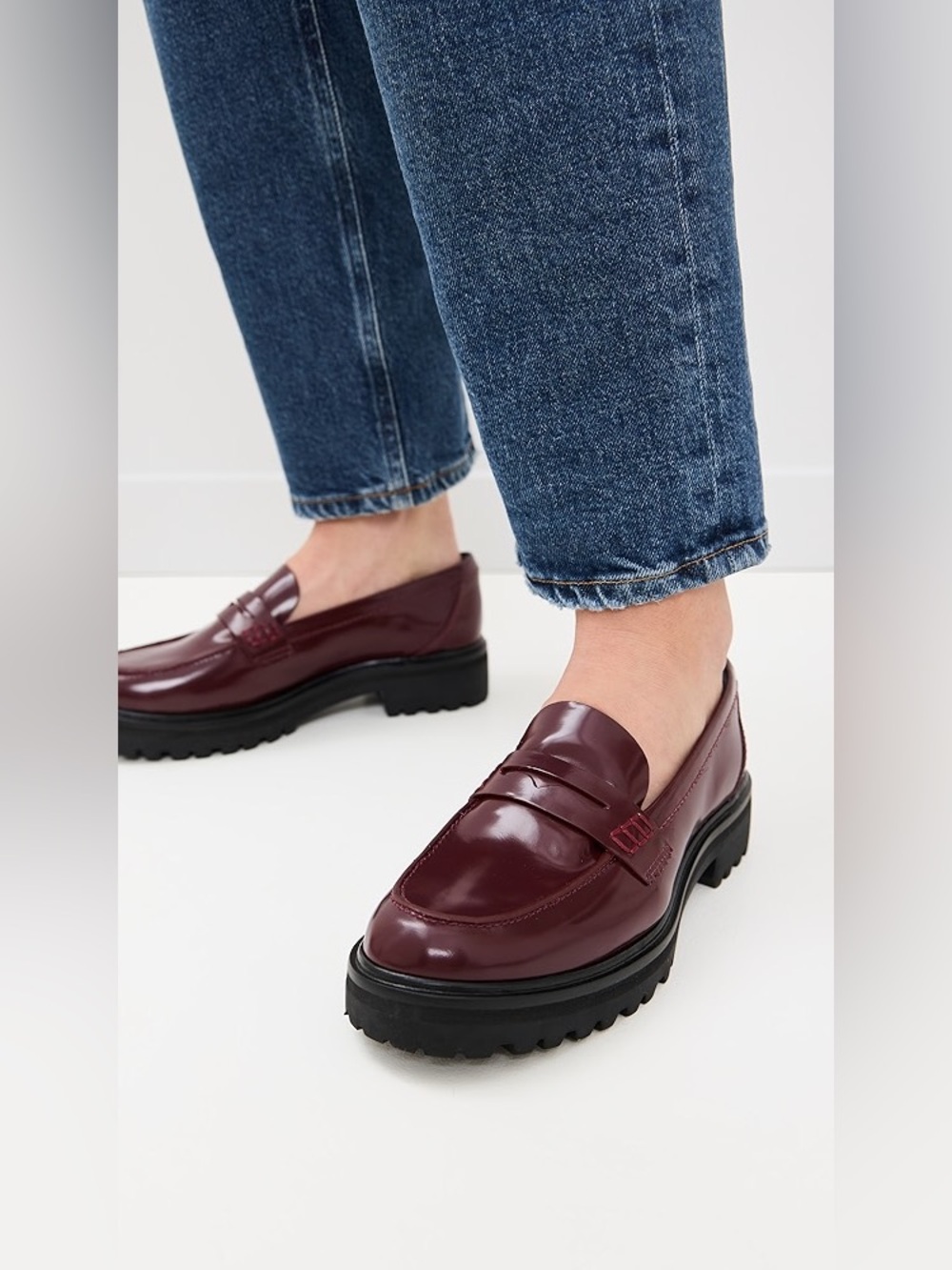 Reformation Agathea Leather Chunky Penny Loafers Burgundy Red Patent Size 8.5